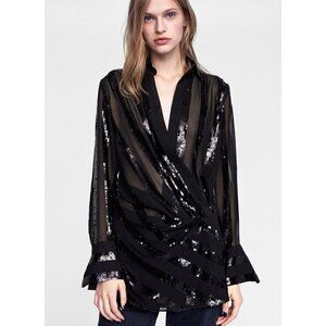 Zara Black Draped Sequin Wrap Long Sleeve Blouse S